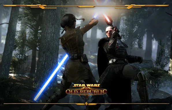 Forest, girl, weapons, battle, swords, Jedi, Sith, the fight