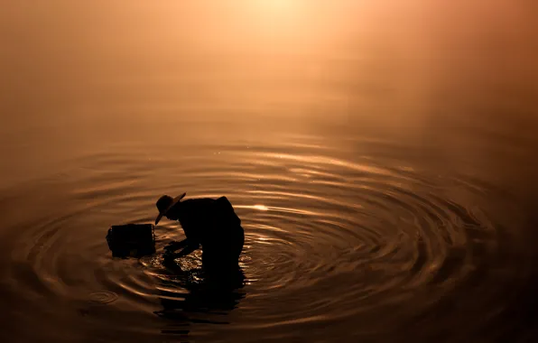 Picture sunset, water, lake, fisherman