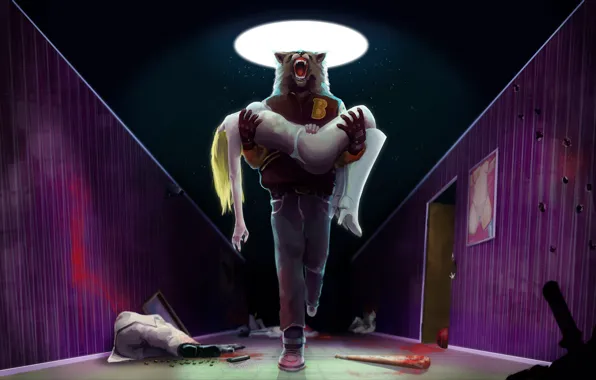 Girl, The game, Corridor, Wolf, Art, Miami, Wolf, Hotline Miami