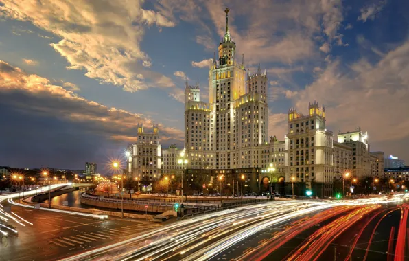 Picture the city, river, the building, road, the evening, lighting, Moscow, skyscraper