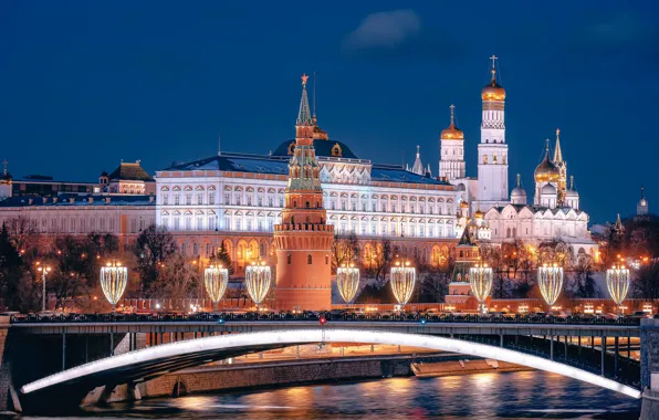 Bridge, river, the building, tower, Moscow, temple, Russia, illumination