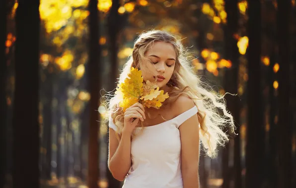 Autumn, forest, leaves, girl, nature, hair, bokeh, Ann Nevreva