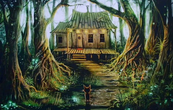 Picture forest, night, house, fiction, tale, art, house