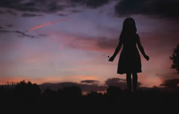 Dandelion, silhouette, girl, twilight