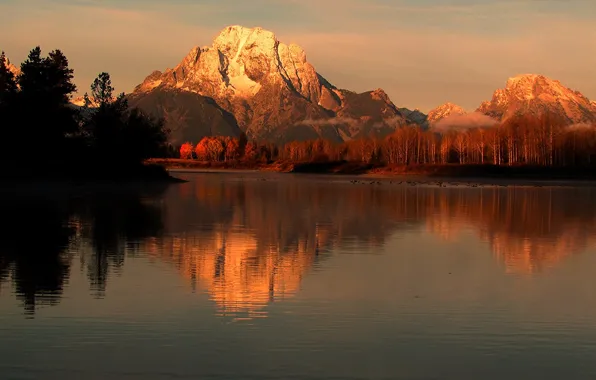 Autumn, the sky, trees, sunset, mountains, lake, reflection, river