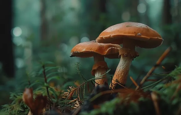 Autumn, forest, nature, mushrooms, a couple, green background, bokeh, AI art