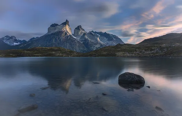 The sky, clouds, snow, mountains, reflection, stones, rocks, tops