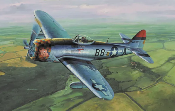 Picture fighter, war, airplane, painting, aviation, ww2, dogfight, P 47 Thunderbolt