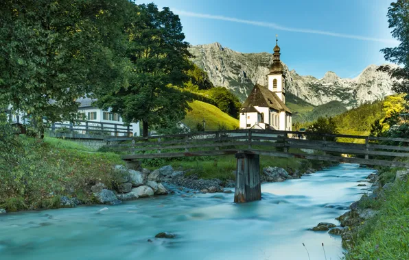 Summer, grass, trees, landscape, mountains, bridge, nature, river