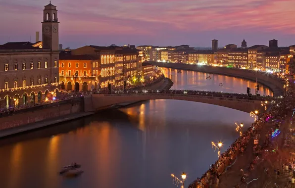 Night, bridge, lights, river, tower, home, Italy, Pisa