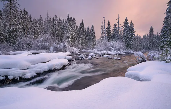 Winter, snow, landscape, sunset, nature, river, ate