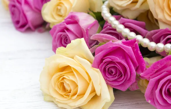 Picture background, pink, bouquet, yellow, Beads, Roses, buds