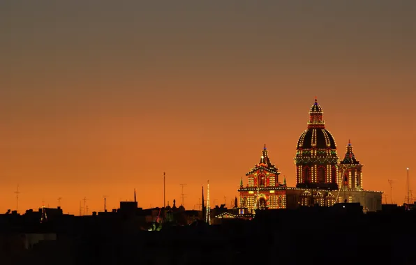 Night, lights, Cathedral, Malta, Valletta
