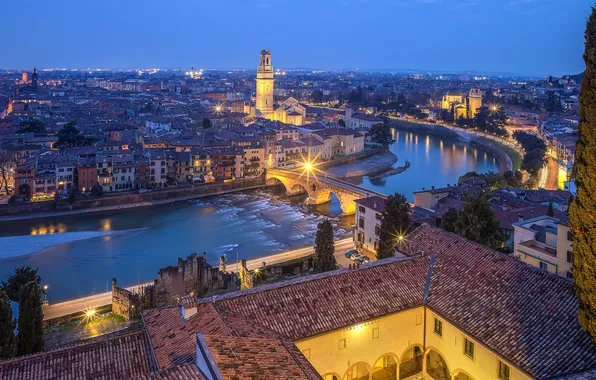 Bridge, lights, river, Italy, Verona