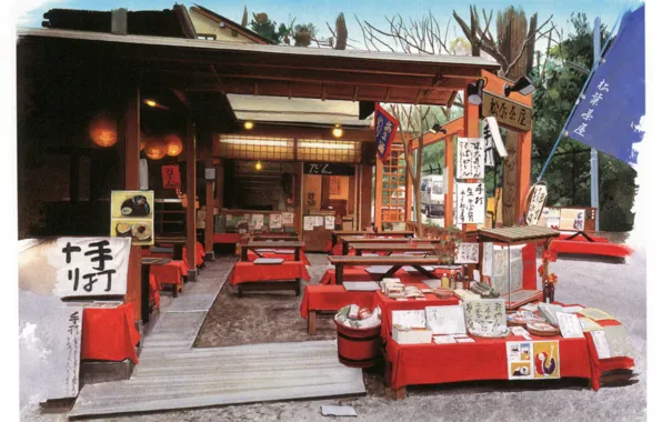 Trees, street, Japan, tables, lights, cafe, signs, canopy