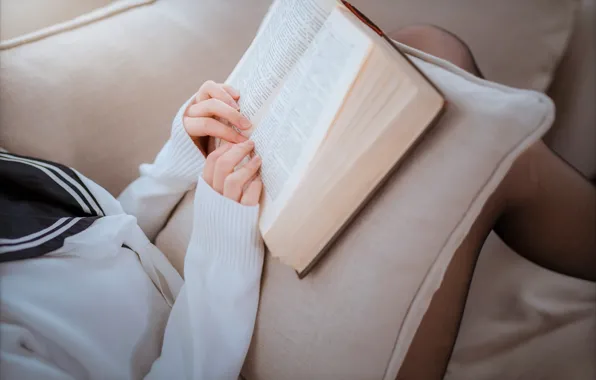 Download wallpaper Asian, Woman, Sofa, Reading, Book, Pillow, Uniform ...