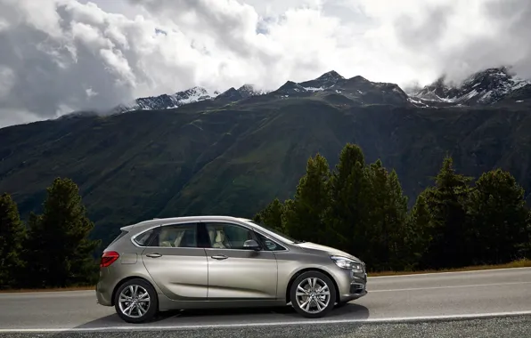 Road, grass, asphalt, clouds, snow, trees, mountains, BMW