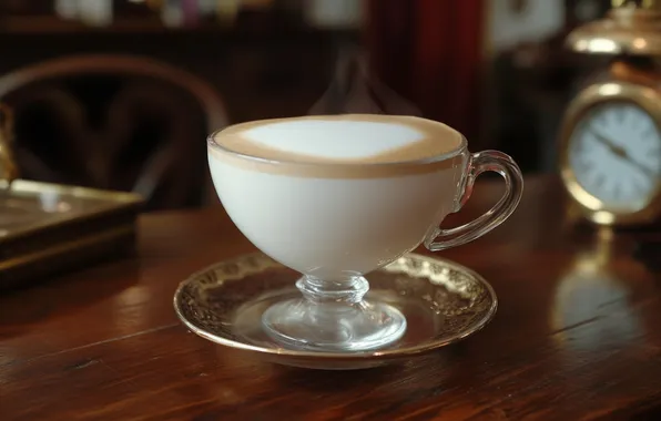 Table, watch, coffee, Cup, cappuccino, saucer, foam, AI art