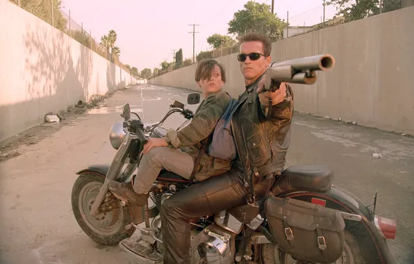 The city, street, glasses, motorcycle, shotgun, Arnold Schwarzenegger, Terminator, Terminator