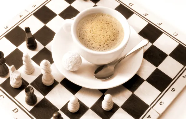 Picture coffee, chess, spoon, Board, candy, figure, cappuccino, saucer