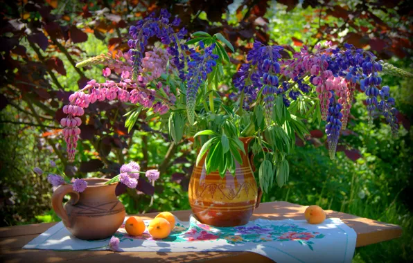Bouquet, pitcher, still life, embroidery, apricots, Lupin