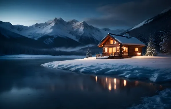 Winter, forest, light, snow, mountains, night, house, shore