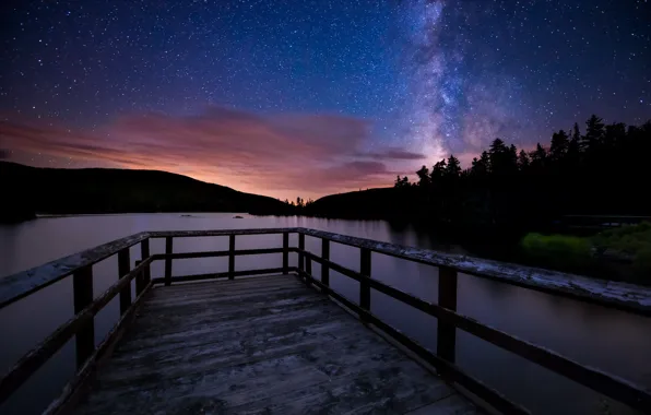 Landscape, night, bridge, lake