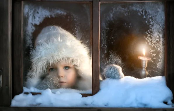 Winter, children, window