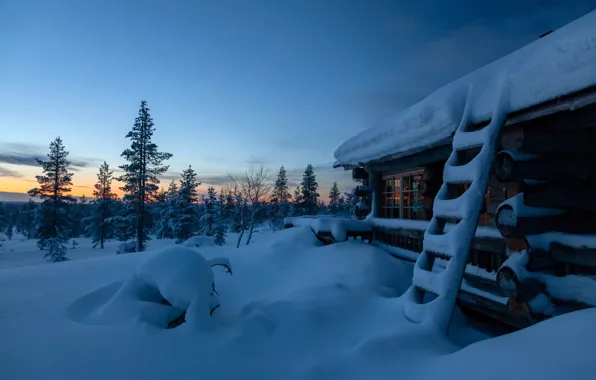 Picture winter, snow, trees, sunset, house, the evening, the snow, hut