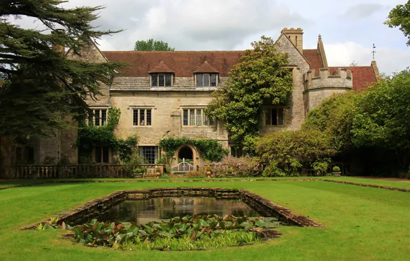 Greens, grass, trees, house, pond, lawn, England, garden