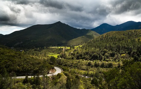 Road, clouds, trees, mountains, France, valley, Corsica