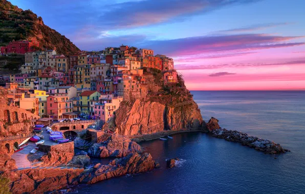 Dawn, morning, Italy, Italia, Manarola, Manarola, Cinque Terre, Liguria