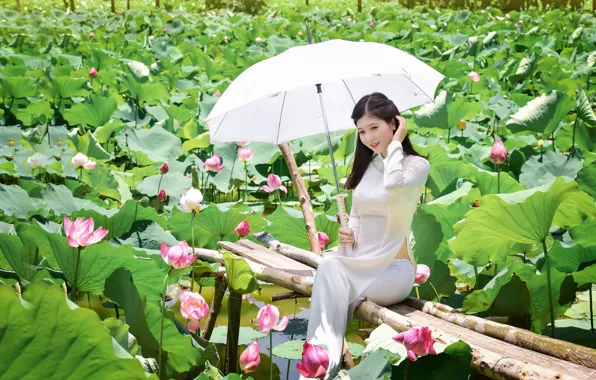 Picture girl, nature, umbrella, stay, dress, sitting