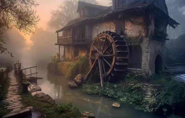 Picture landscape, water mill, AI art, neural network