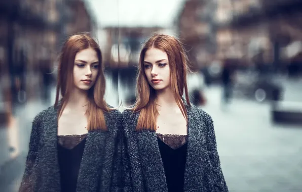 Picture reflection, street, model, the building, portrait, brown hair, beauty, bokeh