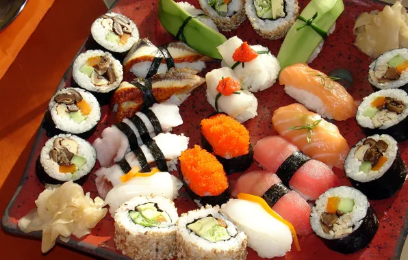 Picture greens, mushrooms, Japan, Japan, pepper, figure, placer, caviar, slices, sushi, rolls, seafood, wasabi, Japanese cuisine, …