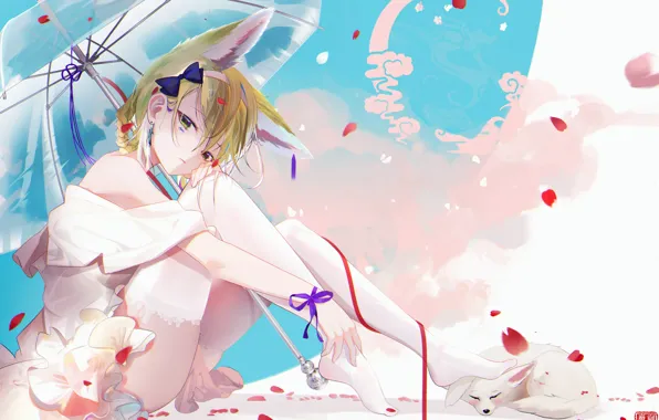 Girl, umbrella, petals, ears, Fenech, Arknights, Suzuran