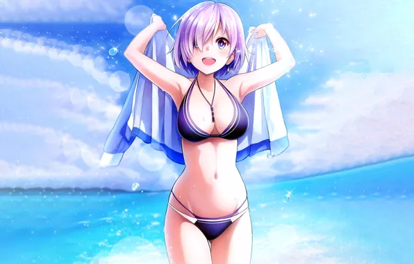 Girl, sexy, beach, sea, boobs, anime, beautiful, short hair