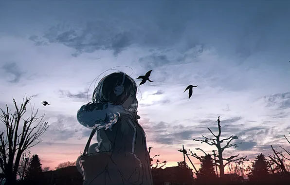 The sky, girl, trees, crows