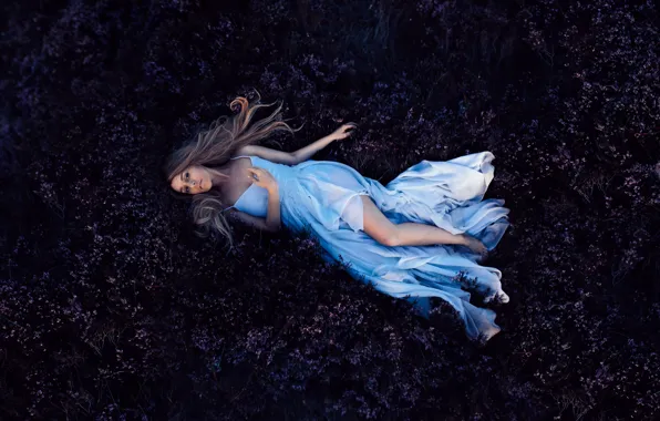 Picture girl, flowers, nature, pose, the dark background, feet, glade, lies