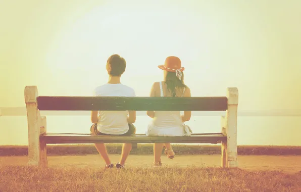 Summer, girl, bench, hat, guy, two, feeling