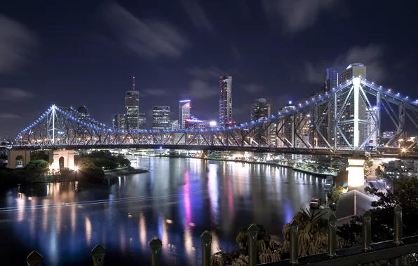 Picture bridge, lights, river, home, skyscrapers, night city