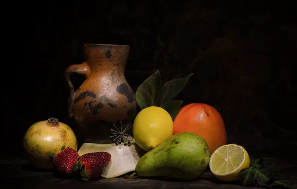 Lemon, orange, harvest, strawberry, pear, pitcher, still life, citrus