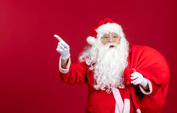 Glasses, Christmas, New year, Santa Claus, bag, Santa Claus, gesture, red background