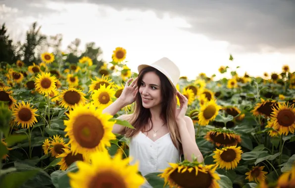 Look, girl, smile, hat, Sunflowers, Anna Kovaleva