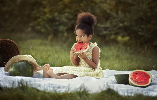 Summer, nature, hat, barefoot, dress, girl, mulatto, child