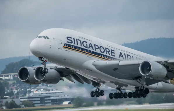 The plane, jet, A380, passenger, widebody, double deck, four-engined, Singapore Airlines