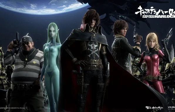 Weapons, guns, planet, emblem, elf, eye patch, five, black cloak