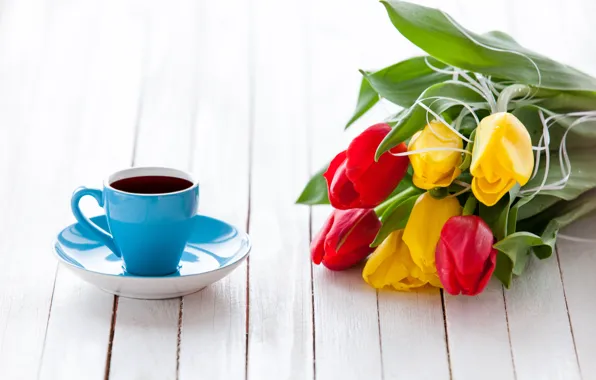 Flowers, bouquet, colorful, tulips, flowers, tulips, coffee cup, bouquet