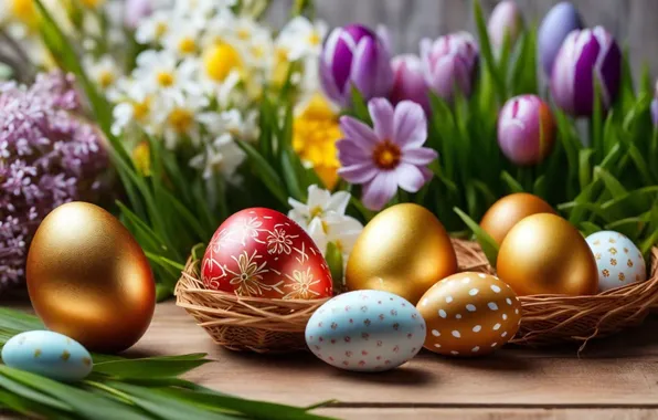 Flowers, eggs, spring, colorful, Easter, happy, flowers, spring